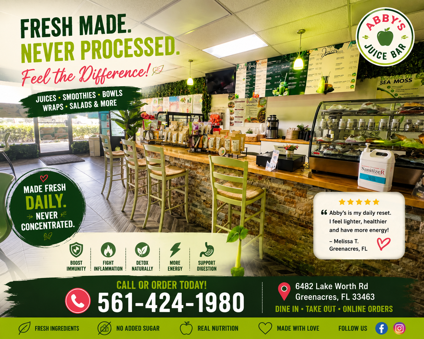 Smoothie bar counter at Abby's Juice Bar in Greenacres, FL